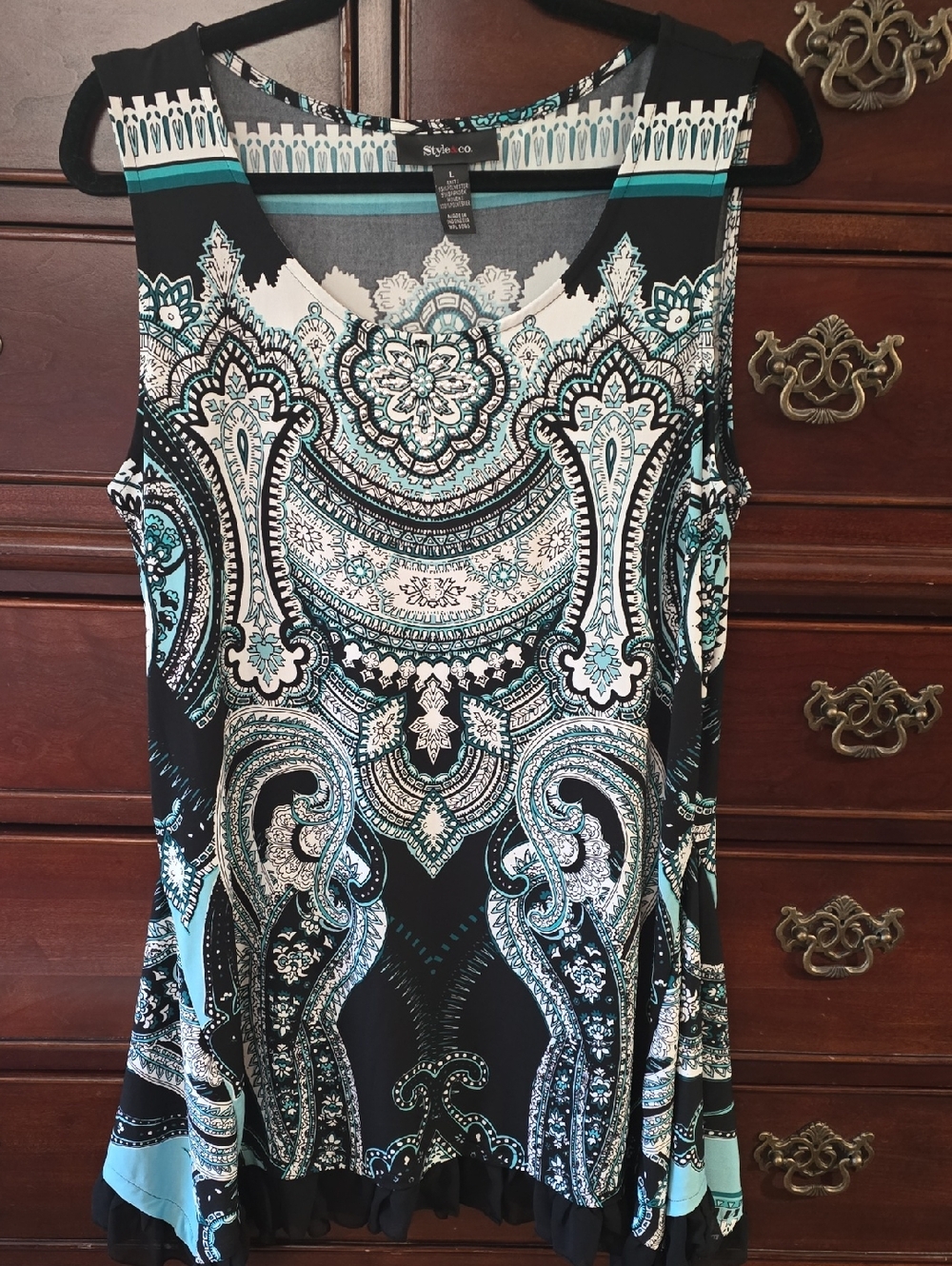Style & Co. Black and Teal Paisley-Print Sleeveless Dress